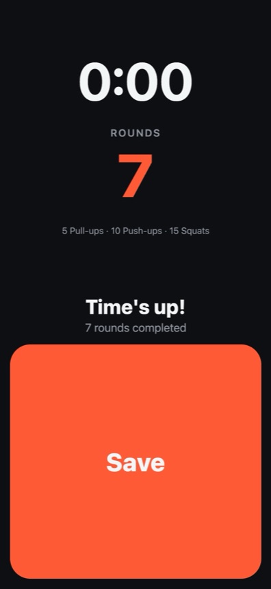 Finished screen showing the final round count and a save button